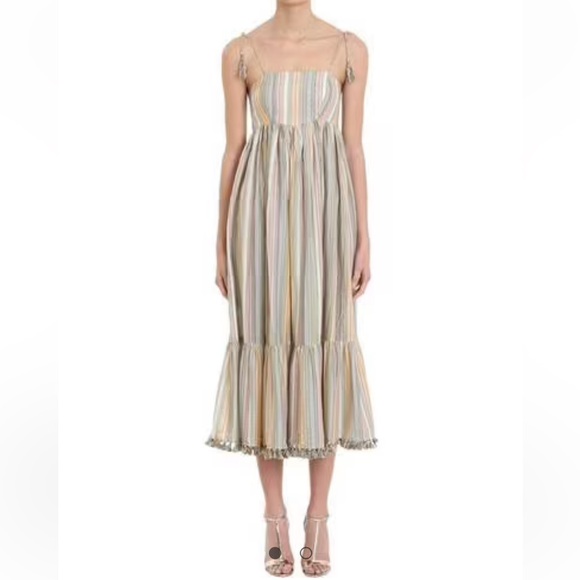 NWOT ZIMMERMANN JUNIPER RAINBOW MIDI DRESS METALLIC-STRIPED COTTON